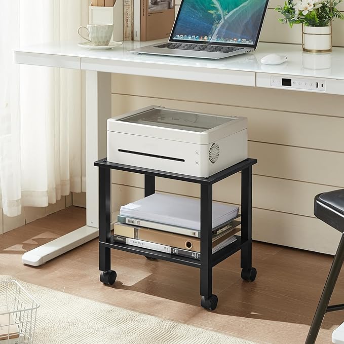 2 Tier Printer Stand with Storage,Under Desk Shelf Printer Table, Rolling Printer Cart for Office,Home,Black