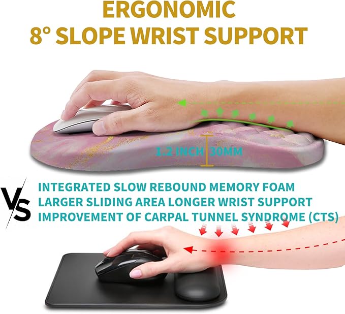 Hokafenle Ergonomic Mouse Pad Wrist Support, Wrist Rest Mousepad for Carpal Tunnel Pain Relief with Integrated Memory Foam Slope Massage Bulge (11.8x7.9 inch,Pink Gold Marble