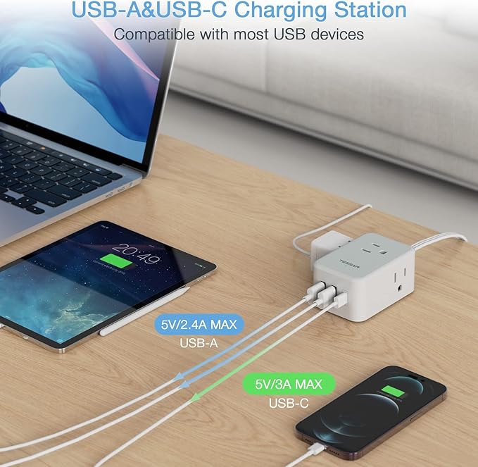 Ultra Thin Flat Extension Cord 10 FT, TESSAN Small Flat Plug Power Strip with 3 USB Charger (1 USB C), 3 Outlets Desk Charging Station, 10 Feet Long Slim Plug for Travel, Dorm Room, Office Essentials