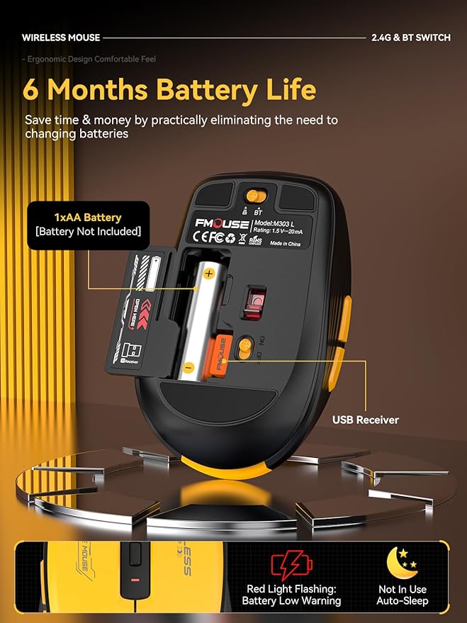 Wireless Mouse (Bluetooth & 2.4GHz USB) with Forward/Backward Side Keys, Silent Click, Ergonomic Portable AA Battery Mice for Laptop/Mac/iPad - Office & Travel Use, Yellow & Black