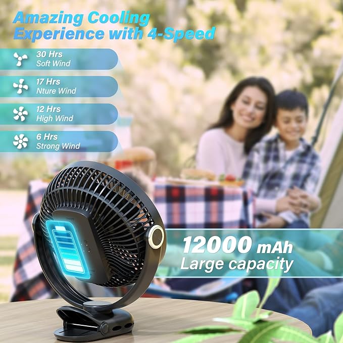 12000mAh Clip on Fan 30H Longest Runtime, 8in Portable Fan Rechargeable, Ultra Quiet with Heavy-Duty Clamp, USB Desk Fans for Golf Cart,Office Desk, Treadmill, Camping, Bedroom