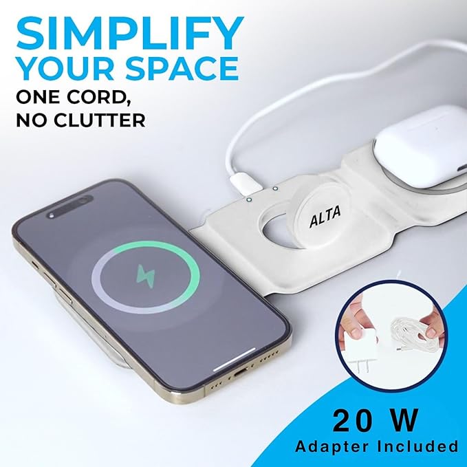 3-in-1 Magnetic Wireless Charger for iPhone, Apple Watch & AirPods – Fast Charging Station, Foldable Dock for Travel & Desk, Compatible with All iPhone Models, with 20W Adapter