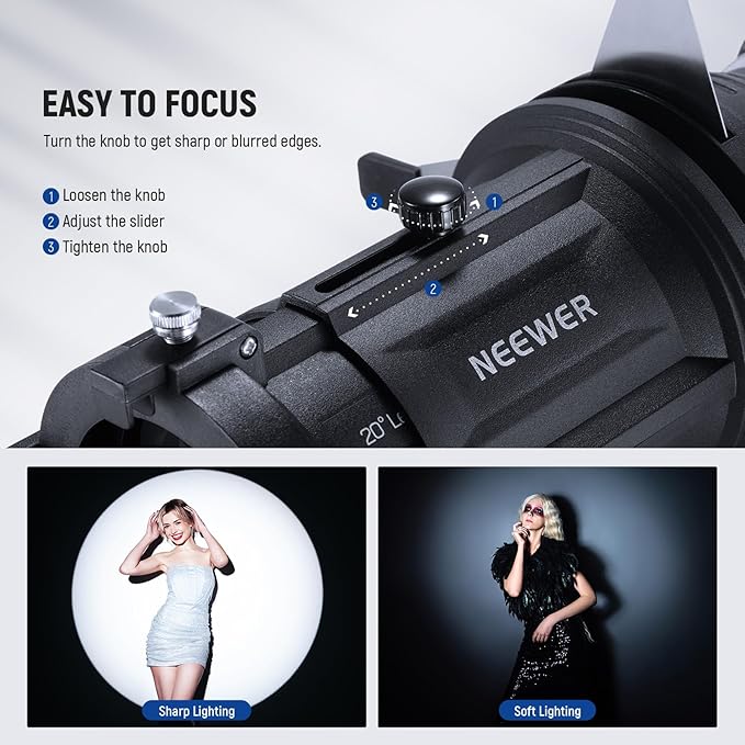 NEEWER Spotlight Snoot Only for NEEWER MS60B, MS60C, MS150B, MS150C LED Video Light, Conical Snoot with 20° Projection Lens, Adjustable Focus, 16 Gobos, 5 Color Gels, Bag, LS-48