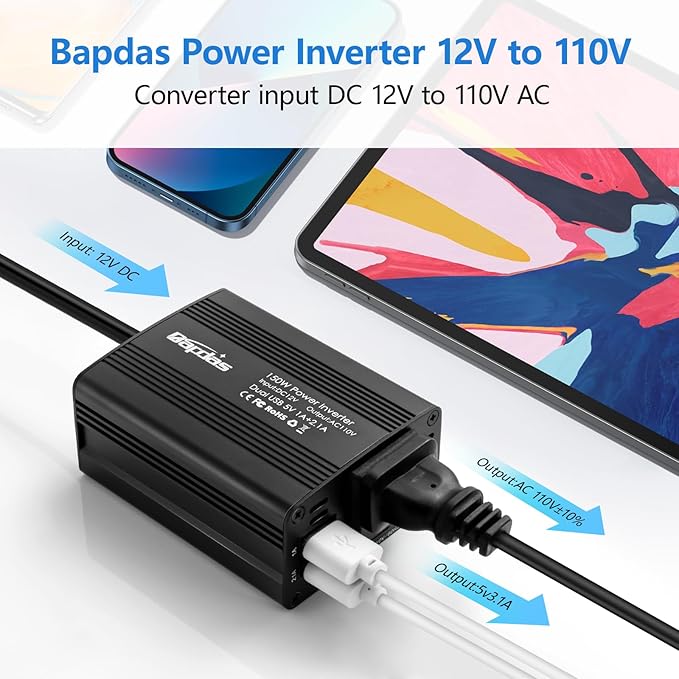 150W Car Power Inverter DC 12V to 110V AC Car Adapter for Plug Outlet with 3.1A Dual USB Car Charger for Laptop Computer-Black