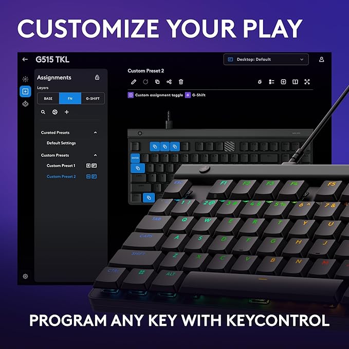 Logitech G515 TKL Wired Low Profile Gaming Keyboard, Fully Customizable RGB, Double-Shot PBT Keycaps, Tactile/Brown Switches - Black