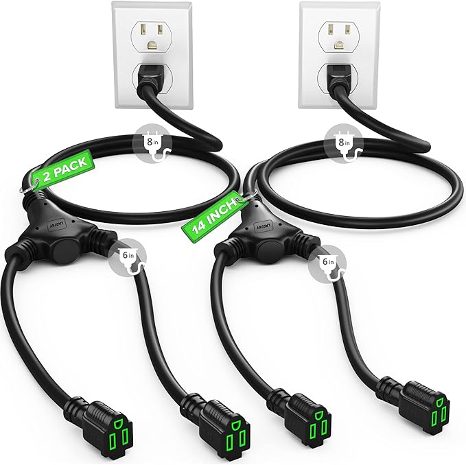 Maximm Extension Cord Splitter 12/3 AWG 1 to 2 Outlet, 14 Inches (2 Pack) Indoor/Rated, Heavy Duty Power Cords with Multiple outlets, 12 Gauge Wire Grounded (2 Pk)