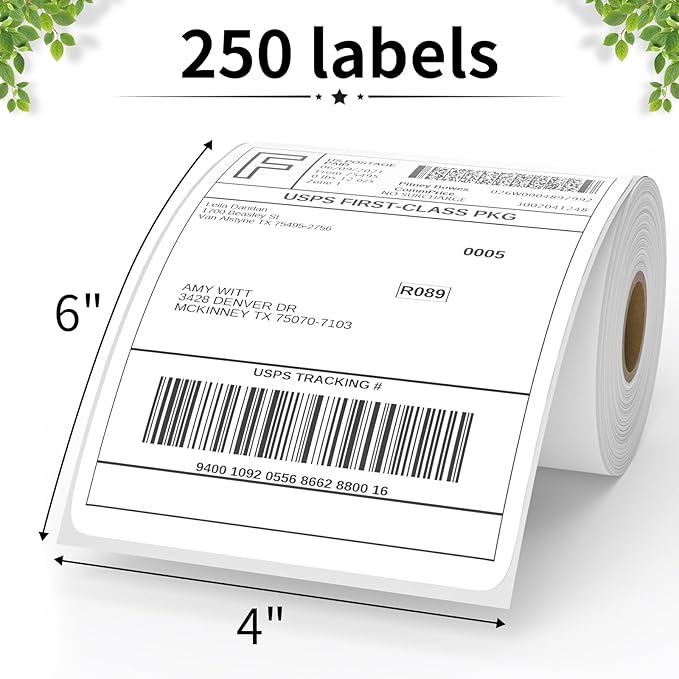 FungLam 4"X6" Thermal Shipping Labels, 4X6 Labels,White Mailing Shipping Labels, Perforated, 250 Labels,Compatible with iDPRT, JADENS and Rollo.