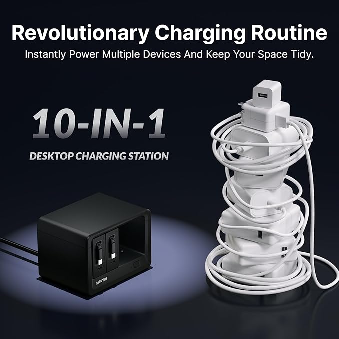 Gitryin 10-in-1 Desktop Charging Station with 2 Retractable Type-C Wall Chargers, 40W USB-C Power Strip with Flat Plug, Extension Cord with 1020J Surge Protection for Home Office