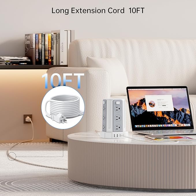 Power Strip Surge Protector, 10 Ft Extension Cord with 12 AC Multiple Outlets 4 USB (1 USB C), SMALLRT Power Tower Desktop Charging Station (White, 10 FT PD20W)