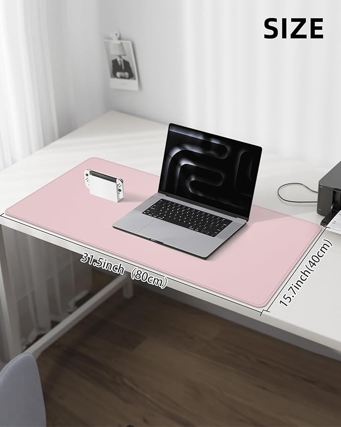 Leather Desk Pad Protector, Mouse Pad, Office Desk Mat, Non-Slip PU Leather Desk Blotter, Laptop Desk Pad, Waterproof Desk Writing Pad for Office and Home (Light Pink, 31.5" x 15.7")