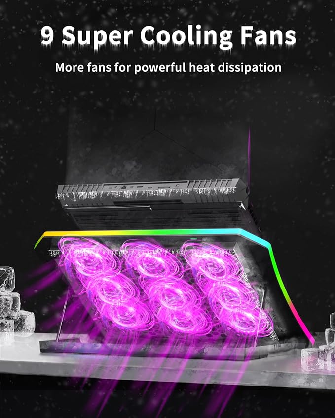 KeiBn Laptop Cooling Pad, Gaming Laptop Fan Cooling Pad with 9 Quiet Fans, RGB Laptop Cooler for 15.6-17.3 Inch, Cooling Pad for Laptop with 7 Height Stands, 2 USB Ports, Phone Stand-Purple