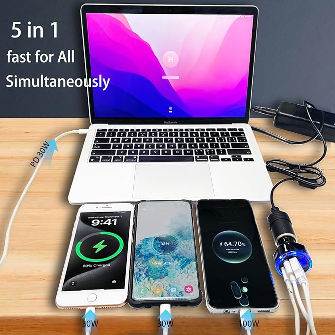 Multi Port USB C Car Phone Charger with Voltage Display Real PD 30W Super Fast Cigarette Lighter USB-C Charger Adapter for MacBook iPhone 16/15/14/13/12 Galaxy Android Phones
