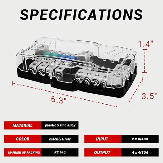 Fused Power Distribution Block Car Audio 4 Way MIDI(Mini-ANL) 12V Fuse Block with Red LED Indicator, 0/4 Gauge Input 4/8 Gauge Output for Auto Marine UTV