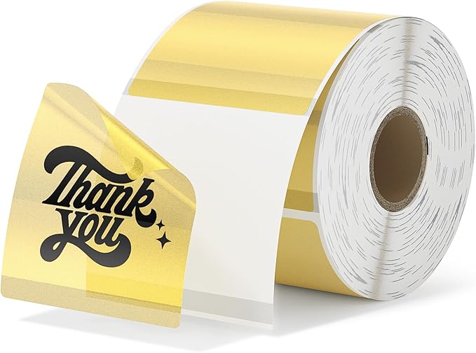 MUNBYN 2x2 Inch Gold Transparent Thermal Labels, Square Fine Glitter Printable Thermal Stickers for Small Businesses, 500 Labels/1 Roll