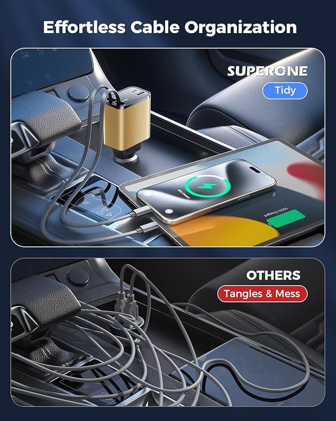 [2024 Upgraded] 4 in 1 Retractable Car Charger, SUPERONE Smaller Fast Car Phone Charger 69W with Cord, USB C and iPhone Car Charger Adapter, Compatible iPhone 15/15 Pro Max/14/13/12/11, Sumsung