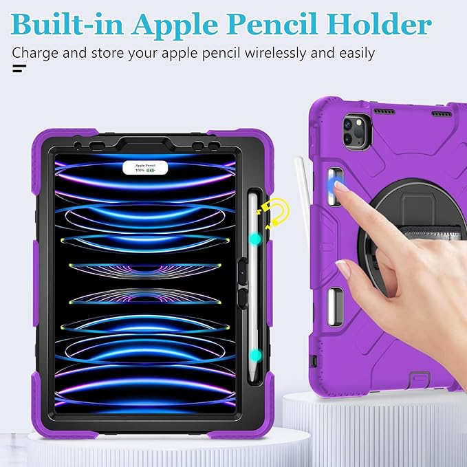Case for iPad Pro 11 Inch 2022/2021/ 2020/2018: Silicone Cover for iPad 11 Inch 4th/ 3rd/ 2nd/ 1st/ Generation with Screen Protector- Stand- Handle- Shoulder Strap- Pencil Holder- Purple