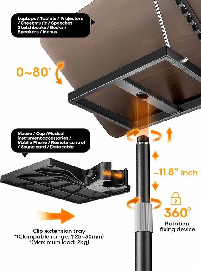 2 in 1 Adjustable Book Stand - Dual-Use Floor and Desktop Book Holder Stand, Height Adjustable 23.5-52 in, Elastic Page Clips for Music Sheet, Recipe, Tablet, Laptop-Black