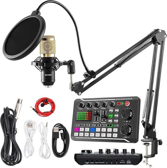 SINWE Podcast Microphone Bundle, BM-800 Condenser Mic with Live Sound Card Kit, Podcast Equipment Bundle with Voice Changer and Mixer Functions for PC Smartphone Studio Recording & Broadcasting