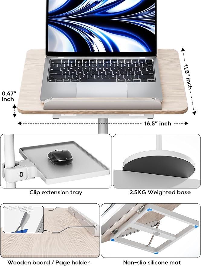 2 in 1 Adjustable Book Stand - Dual-Use Floor and Desktop Book Holder Stand, Height Adjustable 23.5-52 in, Elastic Page Clips for Music Sheet, Recipe, Tablet, Laptop-White