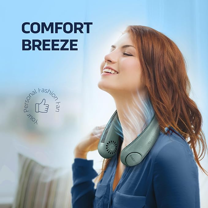 Portable Neck Fan - 3 Speed Rechargeable Bladeless Neck Fan, Adjustable Personal Green Neck Fan For Women & Men Modern Design, Great Cooling Fan For Travel, Outdoors & Sports