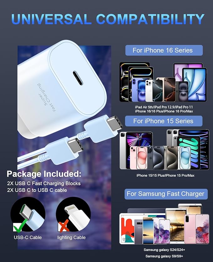 Phone 15 Charger,30W USB C Fast Charger Block & 10FT Long C to C Fast Charging Cable Cord for Phone 15/15 Pro Max/ 15 Plus/ 15 Mini,Pro 12.9/11,10th Gen/Mini 6 Galaxy S24 Ultra,Blue Gradient