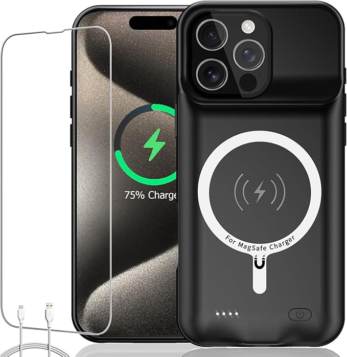 Battery Case for iPhone 15 Pro, Full Encircle 10000mAh High Capacity Rechargeable Portable Charger Case Extended Battery Pack for iPhone 15 Pro (6.1 inch) Wireless Charging Case with Carplay-Black
