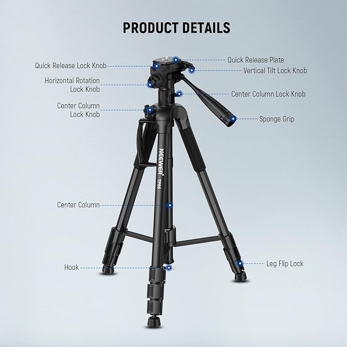 NEEWER Basic 74" Video Tripod Monopod, 3 Way Pan Tilt Head, Remote, Overhead Camera Mount, Horizontal Central Axis, Phone Holder Compatible with iPhone DSLR Telescope Projector, Max Load 17.6lb, TP05