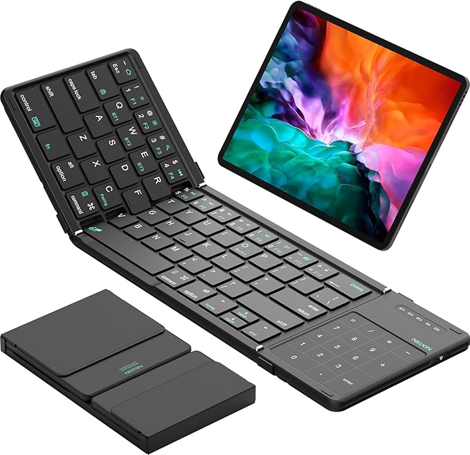 Nillkin Foldable Bluetooth Keyboard with Touchpad & Number Pad, Portable Bluetooth Keyboard with Full Size Keys, Pocket-Sized Wireless Travel Keyboards for iPad, Smartphone, Tablet and Laptop Black