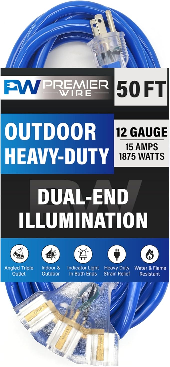 50 ft - 12 Gauge Heavy Duty Extension Cord - Lighted on Both Ends - SJTW Blue - Outdoor Extension_Cord Waterproof 50 ft by Premier Wire - 15 Amp ExtensionCord (50 Foot 12-Awg Power Cord Blue)