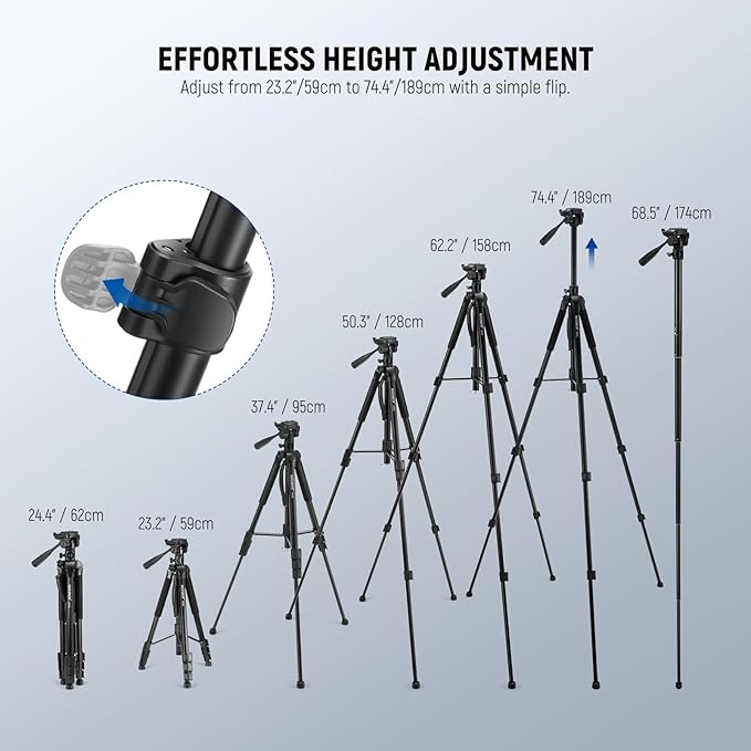 NEEWER Basic 74" Video Tripod Monopod, 3 Way Pan Tilt Head, Remote, Overhead Camera Mount, Horizontal Central Axis, Phone Holder Compatible with iPhone DSLR Telescope Projector, Max Load 17.6lb, TP05