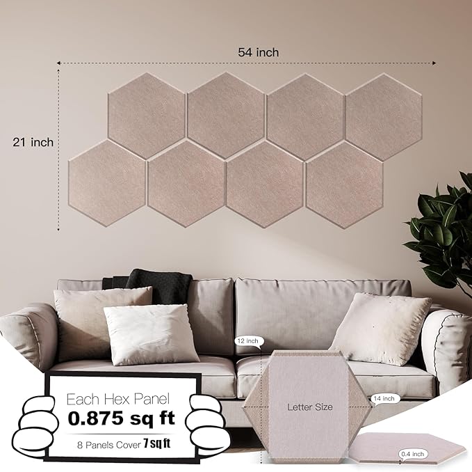 Mollywell Hexagon Acoustic Panels, High Density, Soundproofing, Decorative Noise Reduction Felt Wall Tiles for Ceilings, Home Office & Gaming Room (Dark Camel), 14x12x0.4 Inch