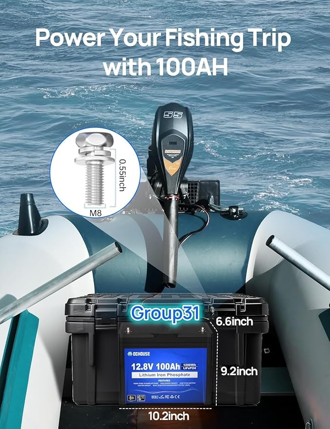DC HOUSE 12V 100Ah LiFePO4 Lithium Battery, Bluetooth & Low Temp Cut-Off, Group 31 Lithium Battery, Up to 15000 Cycles, 100A BMS, Perfect for Trolling Motors, Marine, Boat, Solar