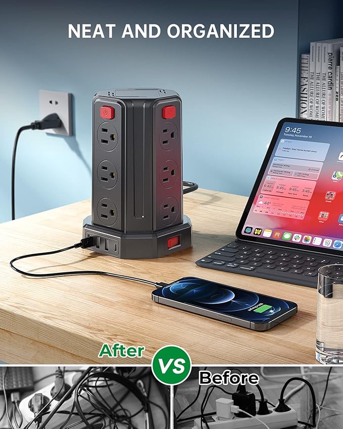 Power Strip Surge Protector, 10 Ft Extension Cord with 12 AC Multiple Outlets 4 USB (1 USB C), SMALLRT Power Tower Desktop Charging Station (Black, 10 FT)