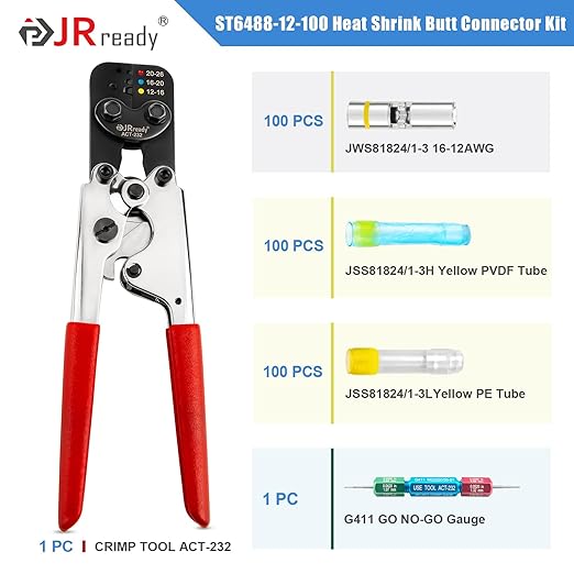 JRready ST6488-12-100 M81824/1 Series Waterproof Heat-Shrinkable Splice Kit 100Sets Butt Crimp Splices16-12AWG with PVDF Tubes Butt Splice Connectors with ACT-232 Crimp Tool G411 Go-No Go Gauge