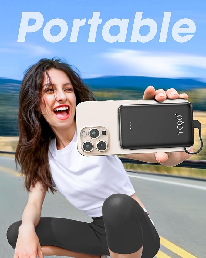 TG90° Portable Charger Power Bank,5000mAh Small Battery Pack with Built-in Foldable AC Wall Plug and Cables, Mini Battery Charger Compatible with iPhone 16 15 14 13 12 Samsung Google iPad etc