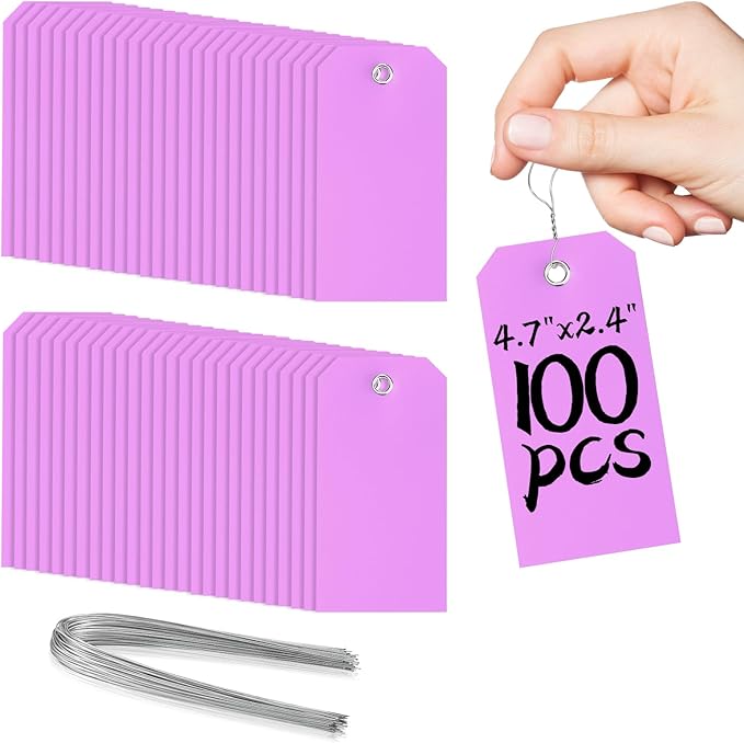 100 Plastic Shipping Tags - Waterproof, Durable, Light Purple, 4 3/4" x 2 3/8"
