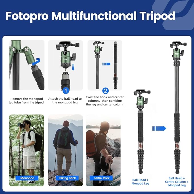 Fotopro 59" Carbon Fiber Travel Tripod, Compact Camera Tripod with Metal Ball Head, Detachable Monopod with Quick Release Plate and Bag, Load up to 8KG/17.63lbs