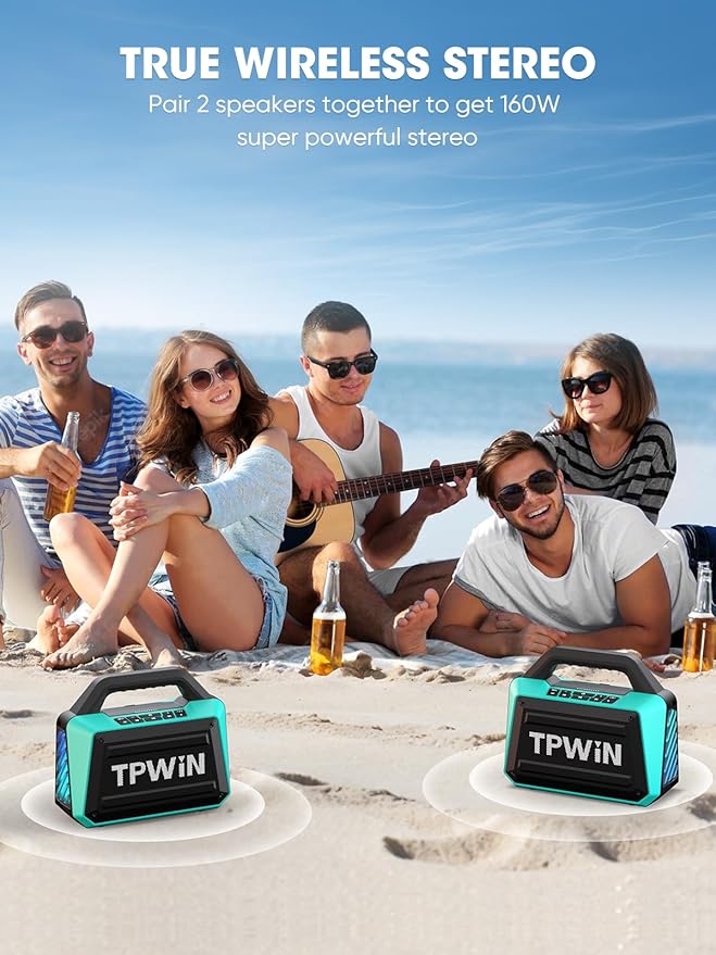 Speakers Bluetooth Wireless - Portable Speaker 80W Peak, IPX6 Waterproof, Loud Speaker with Light Show, Strong Bass, BT 5.3, TWS, 20H Playtime for Home Outdoor Beach Camping - Teal