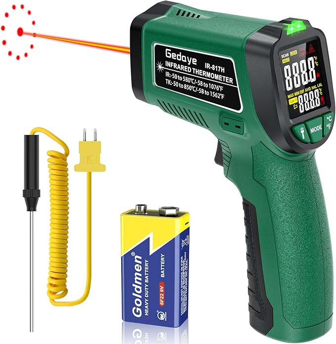 Infrared Thermometer for Cooking, Gedaye Surface Laser Temperature Gun with Laser Pointer 13:1, Metal Probe, Adjustable Emissivity, -58℉ to 1562℉, Thermal Thermometer Gun for Pizza Oven Engine HVAC