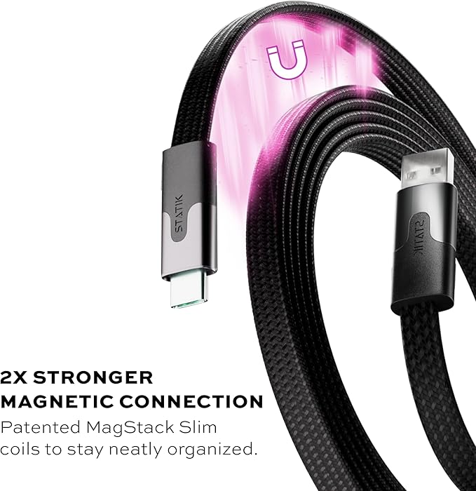 Statik MagStack USB to USB C Cable, Magnetic Anti Tangle Flat A to Type C Charger Fast Charging Cord, Magnetic Charging Cable, Compatible with iPhone 16 Pro Max, Galaxy S24 Ultra, 27W 6FT/2M, 3-Pack