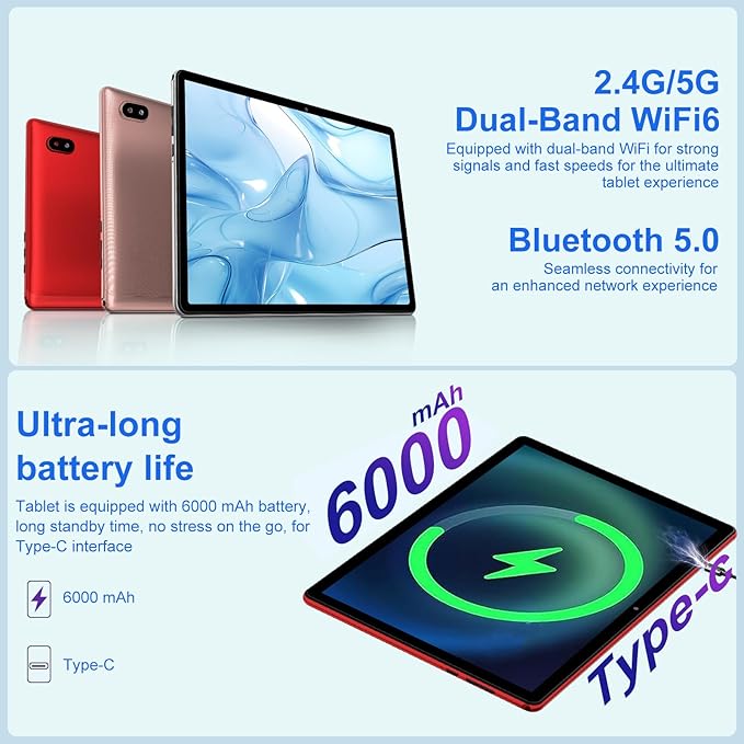 Android 14 Tablet 10 Inch Tablets, 20GB+128GB/1TB Expandable, Tablets with Octa-Core, WiFi 6, Dual Camera, BT 5.0, 6000mAh Battery, HD IPS Display, Widevine L1, Tablet with Keyboard Mouse - Red