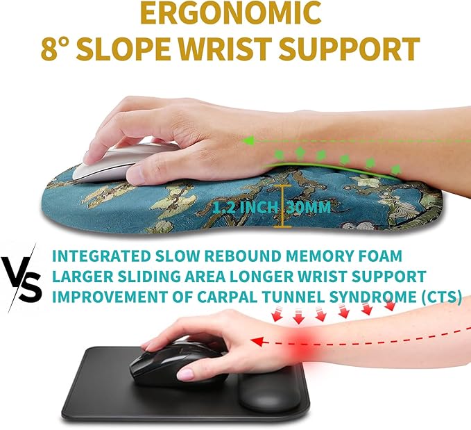Hokafenle Ergonomic Mouse Pad Wrist Support, Wrist Rest Mousepad for Carpal Tunnel Pain Relief with Integrated Memory Foam Slope Massage Bulge (11.8x7.9 inch,Apricot Flower