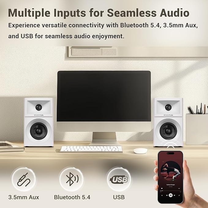 SW203 4.0 Computer Speakers - 60W 4-Way DSP Control 3D Immersive Sound - 3" Carbon Fiber Woofer & 20mm Silk Dome Tweeter - 24bit DAC USB/Bluetooth 5.4/AUX - Studio-Grade Audio (Pair, White)