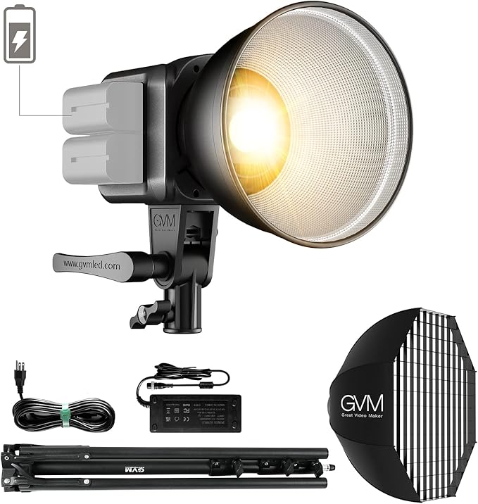 GVM Great Video Maker GVM 80W Bi-Color COB Video Light Kit, 2700K~7500K Continuous Lighting for Photography with Bowens Mount Softbox&Stand, 8 Effects Support AC Adapter & NP Battery