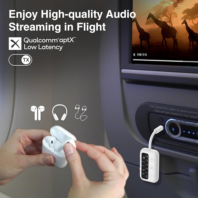 1Mii SafeFly Dot Bluetooth 5.3 Transmitter Receiver for up 2 Headphones,AptX Low Latency/HD,Plane Travel Essentials,Wireless Audio Bluetooth Airplane Adapter for Flight,TV,Car,PC(White)