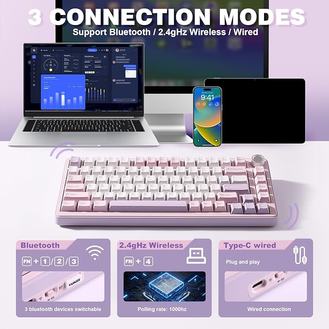 YUNZII B75 PRO Wireless Mechanical Keyboard,75% Layout with Knob,Hot Swap Gasket Custom Structure,Creamy Pre-lubed Switches,RGB Backlit,Bluetooth/Type-C/2.4G for Win/Mac(Milk Switch,Purple)