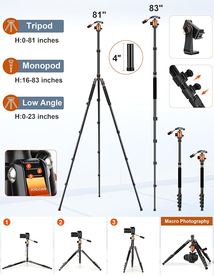 Camera Tripod, 81" Heavy Duty Aluminum Tripod for DSLR/Camera/Smartphone - with Handle, Converts to Monopod, Holds 35lbs