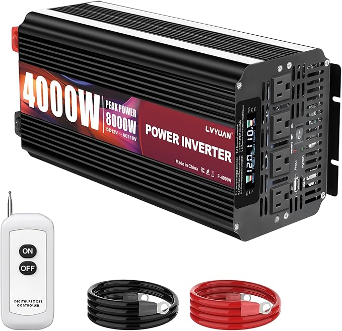 LVYUAN 4000 Watt Power Inverter 12V to 110V 120V for Vehicle, Solar Inverter System, Heavy Duty, RV, Truck, Off Grid,Camping with 4 AC Outlets, LCD Display, Wireless Remote Control, Car Power Inverter