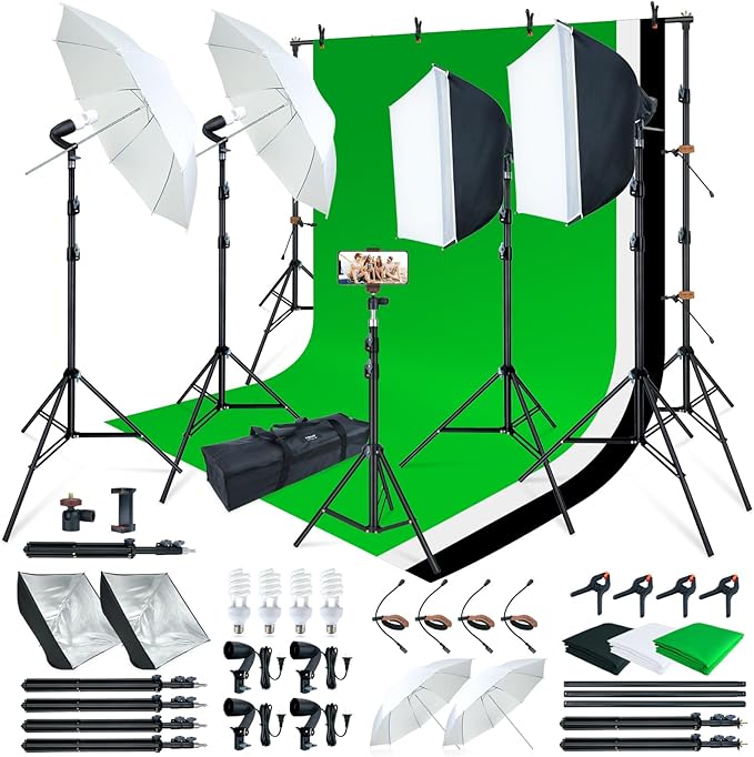 LINCO Lincostore Photo Video Studio Light Kit AM169 - Including 3 Color Backdrops (Black/White/Green) Background Screen