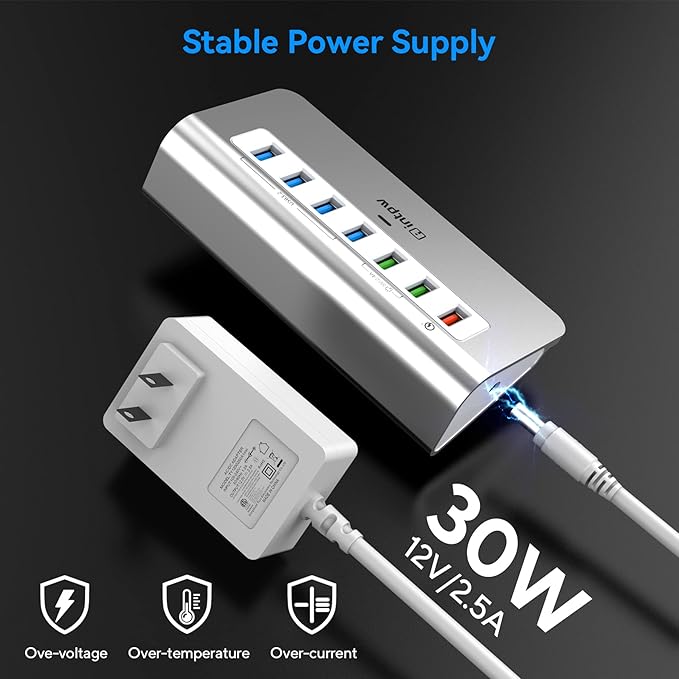 Powered USB Hub 10Gbps, Aluminum 7 Port USB 3.2 Data Hub with 4 USB 3.2 Gen 2 Ports, 3 Fast Charging Ports, 30W Power Adapter, Type A & C Cable for Mac, PC, Laptop